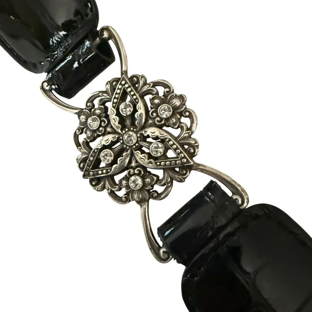 Vintage Brighton Empire Lace Black Croc Embossed Patent Leather Belt Crystals - Picture 5 of 16